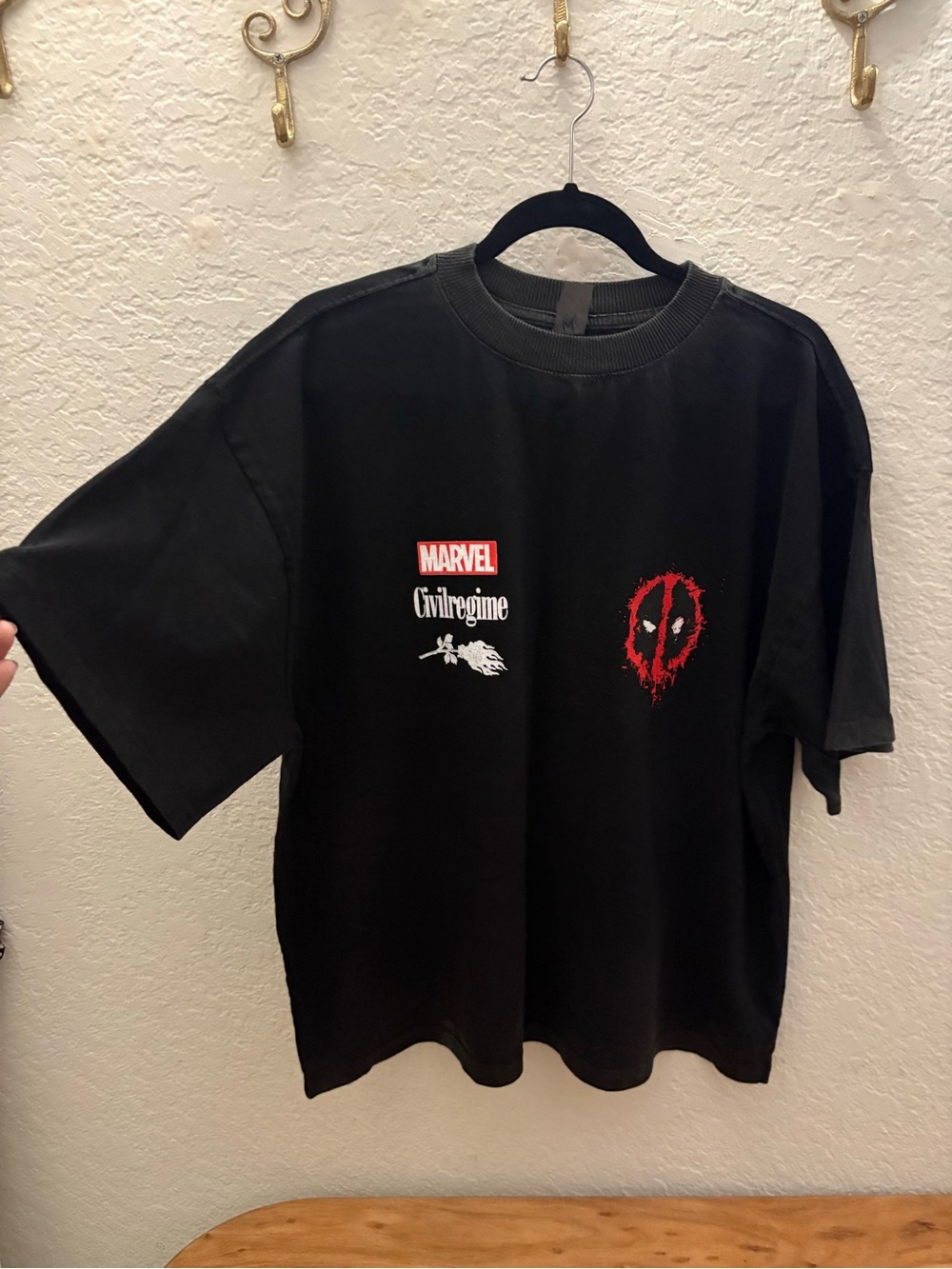 Civil Regime Deadpool Marvel Black Graphic Tee with Red Nail Accent